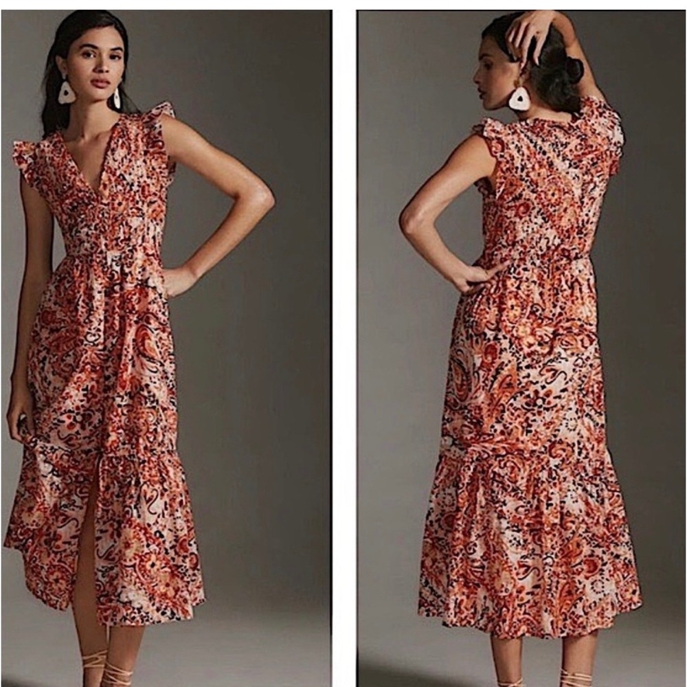 Anthropologie Orange Paisley Smocked Tiered Ruffle Maxi Dress Womens Size M